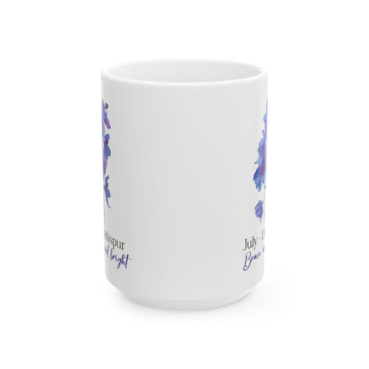 ColorFlow | July Larkspur Brave and Bright Mug | Floral 15oz Coffee Cup | Birth Flower Gift | Summer Botanical Drinkware
