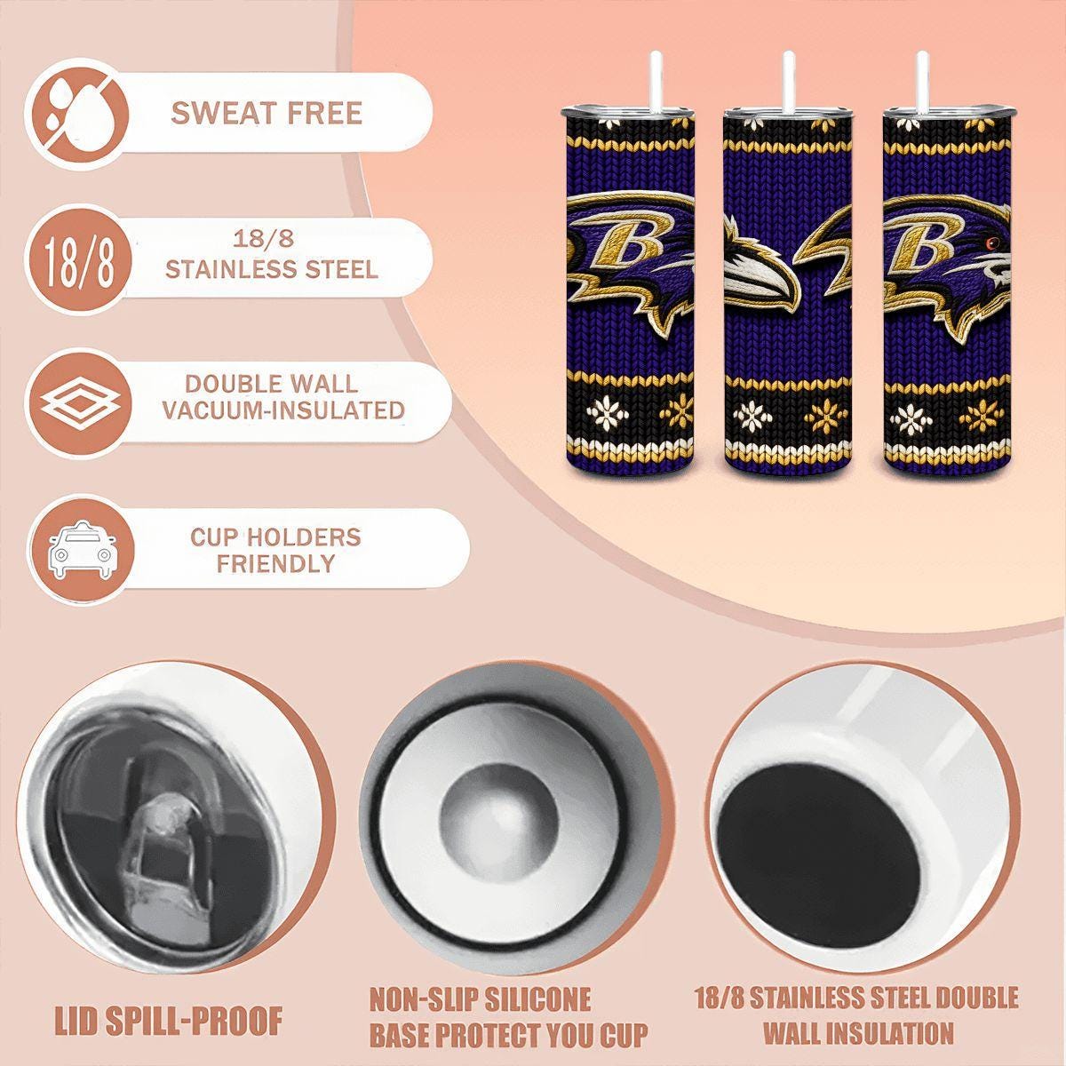 ColorFlow | Baltimore Ravens Inspired Seamless Sweater 20oz Skinny Tumbler with Straw