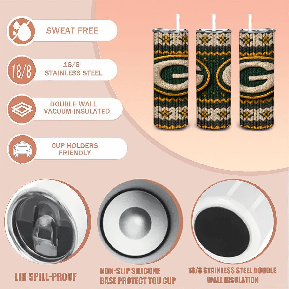 ColorFlow | Green Bay Packers Inspired Seamless Sweater 20oz Skinny Tumbler with Straw