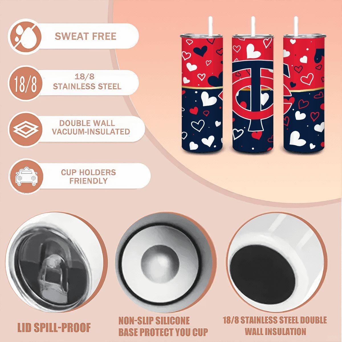 ColorFlow | Minnesota Inspired Twins Hearts Straight Tumbler 20oz Stainless Steel Gift Optional Personalization
