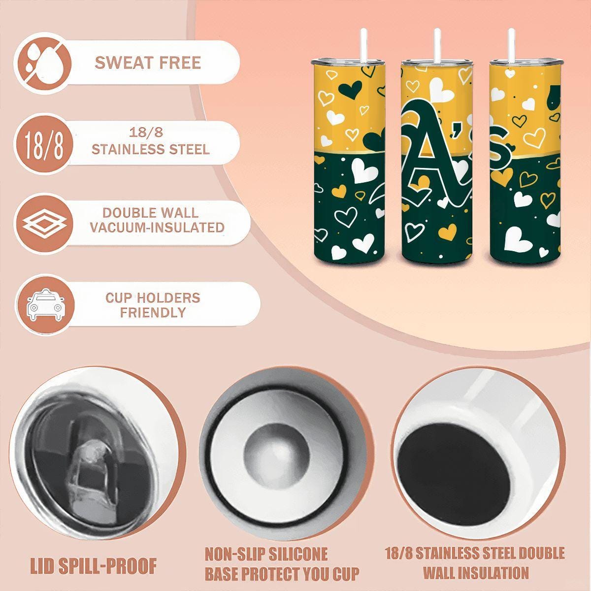 ColorFlow | Oakland Inspired Athletics Hearts Straight Tumbler 20oz Stainless Steel Drinkware Optional Personalization