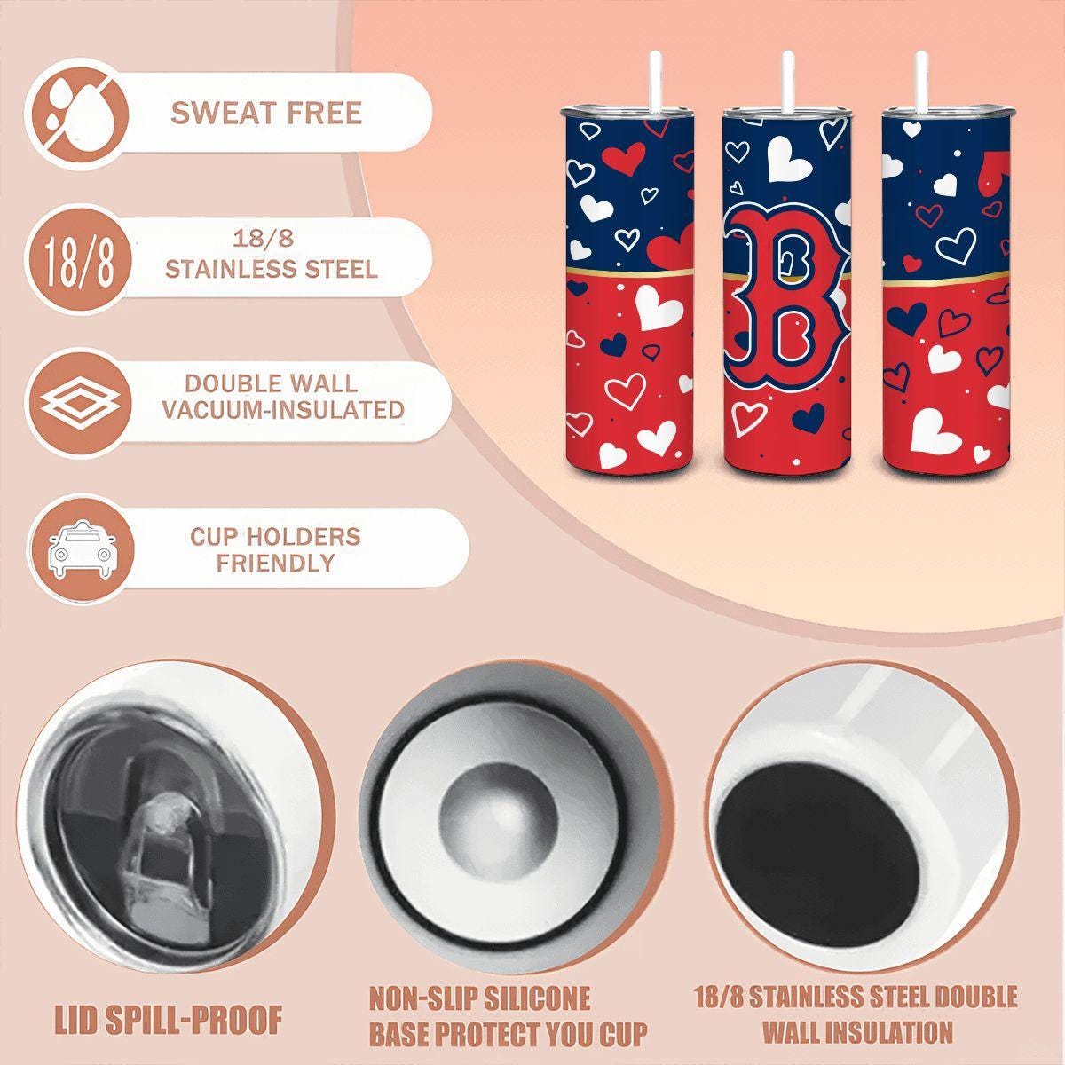 ColorFlow | Boston Inspired Red Sox Hearts Straight Tumbler 20oz Stainless Steel Drinkware Optional Personalization