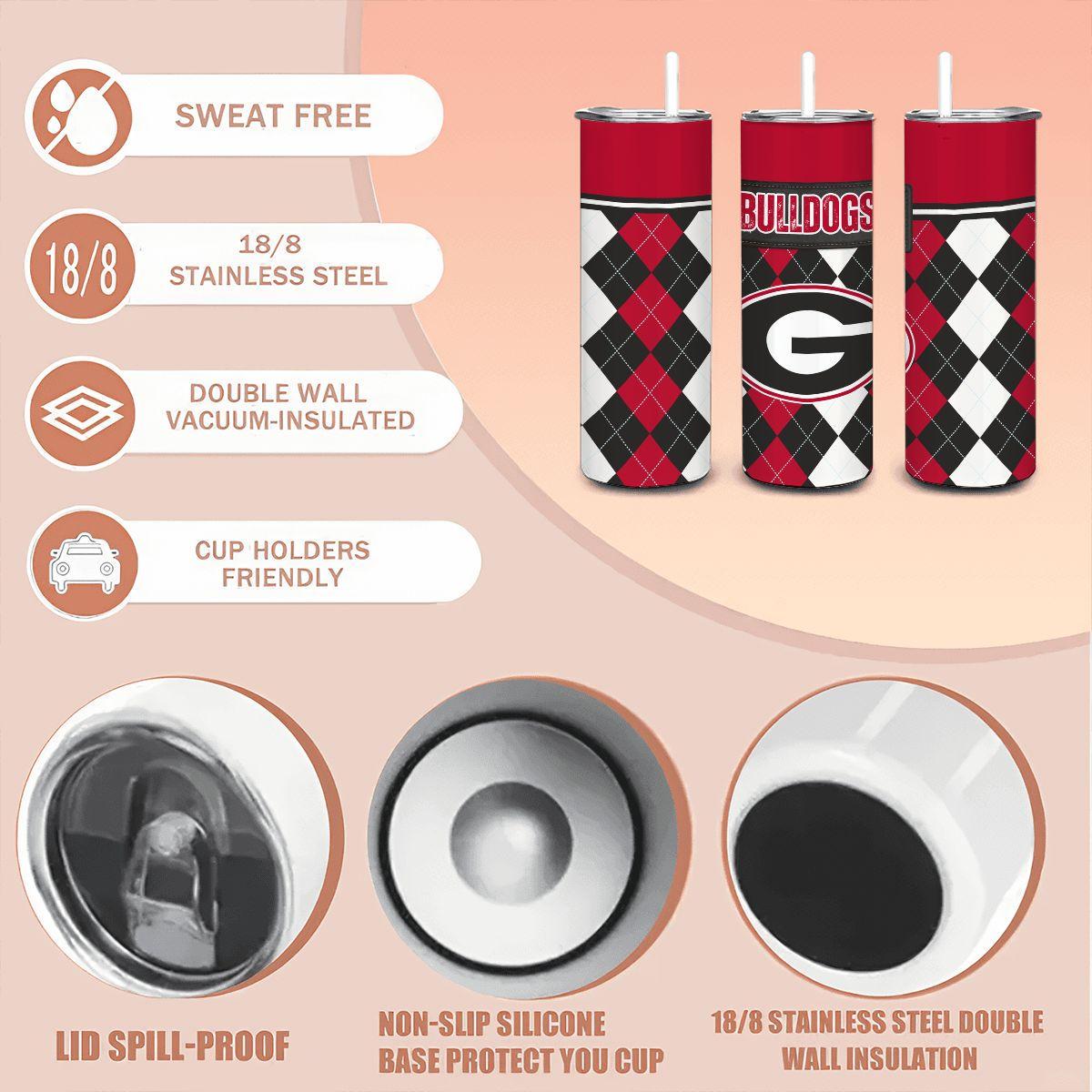 ColorFlow | Georgia Inspired Bulldogs Argyle Hearts Straight Tumbler 20oz Stainless Steel Drinkware Optional Personalization
