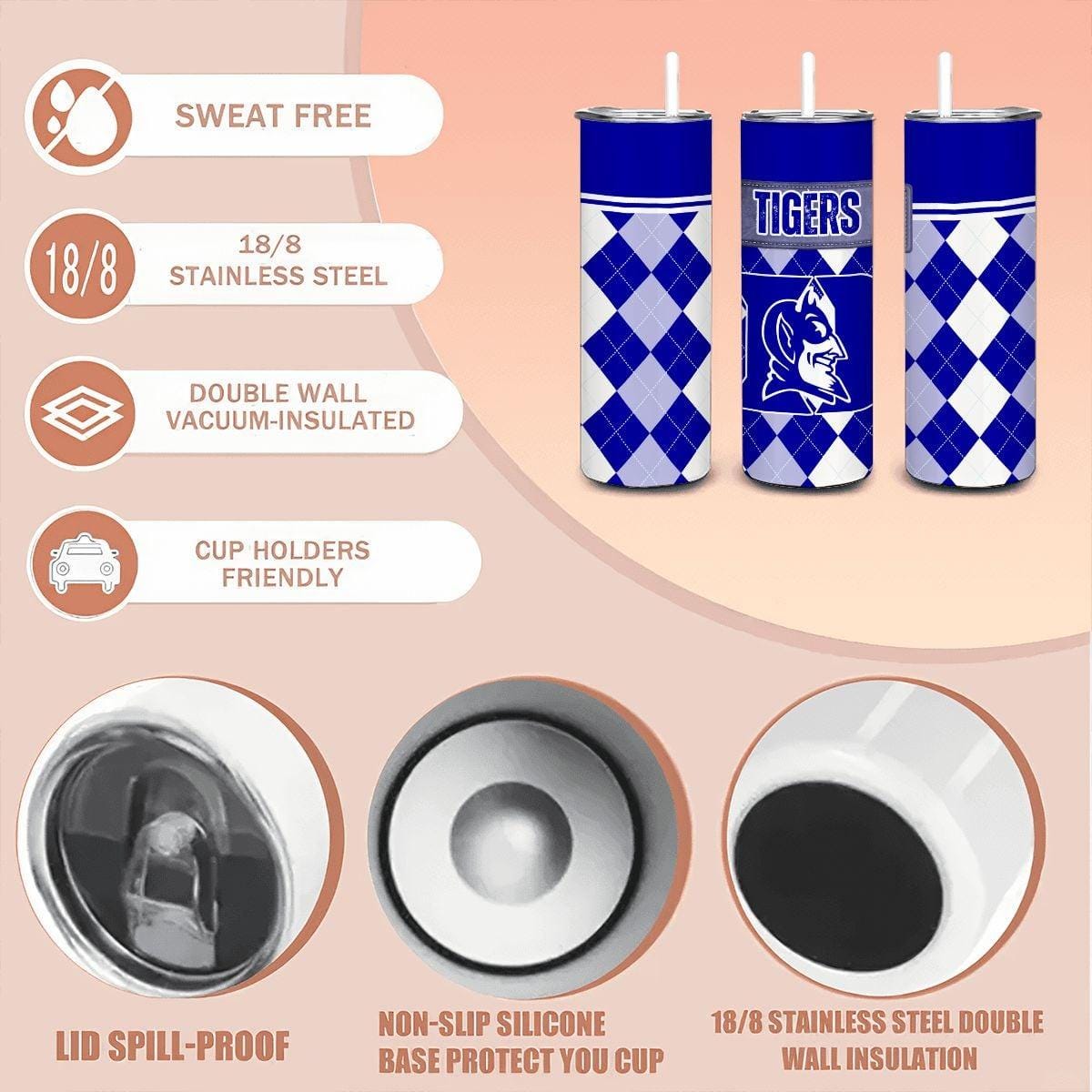 ColorFlow | Duke Inspired Blue Devils Argyle Straight Tumbler 20oz Stainless Steel Drinkware Optional Personalization