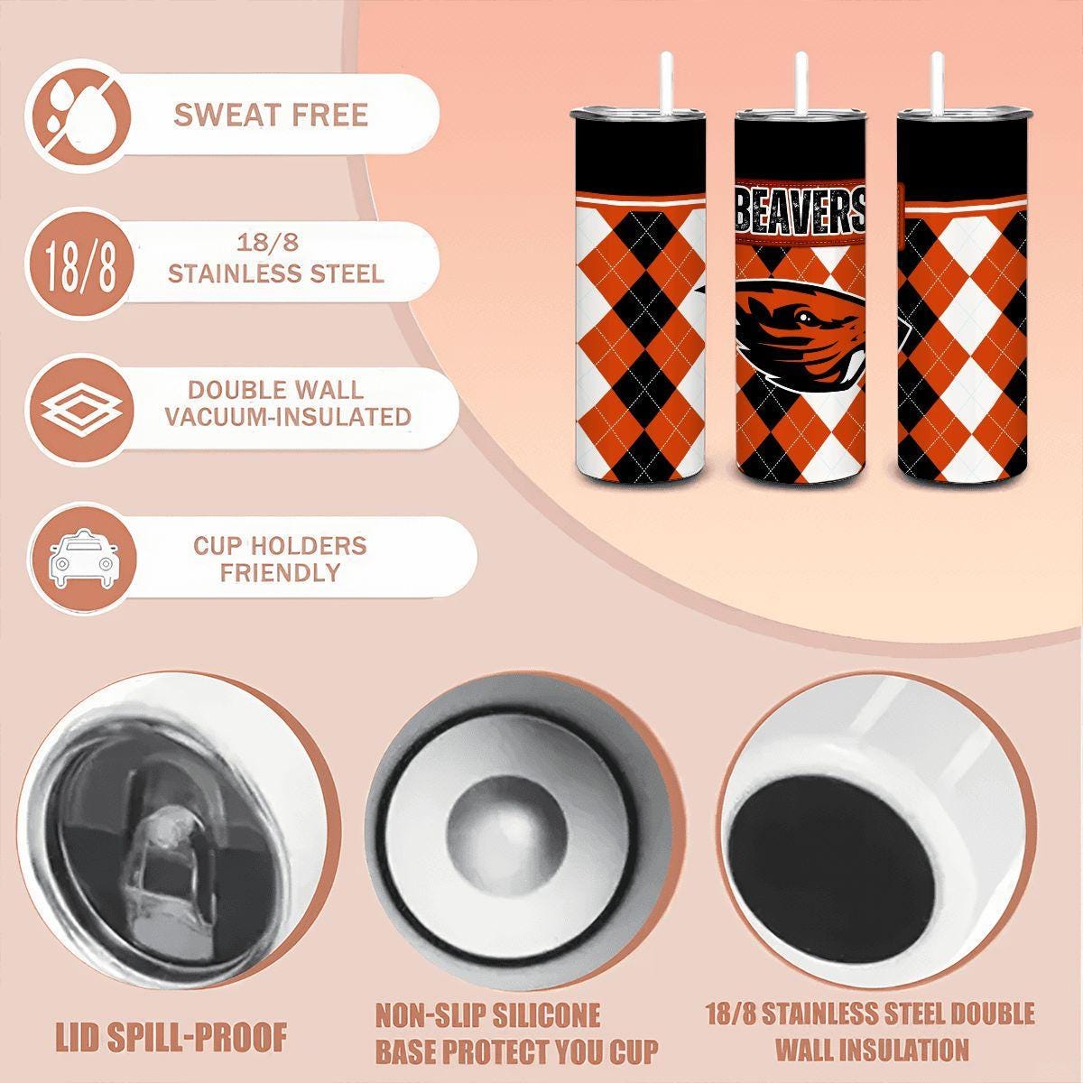 ColorFlow | Oregon State Beavers Inspired 20oz Straight Stainless Tumbler | Orange Black Diamond Style | Personalization Optional