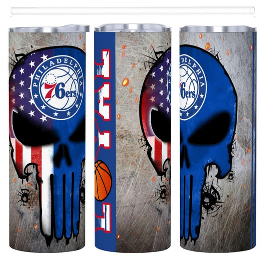 ColorFlow | Philadelphia Basketball Inspired 20oz Straight Tumbler | Sixers Skull American Flag Design | Personalization Optional
