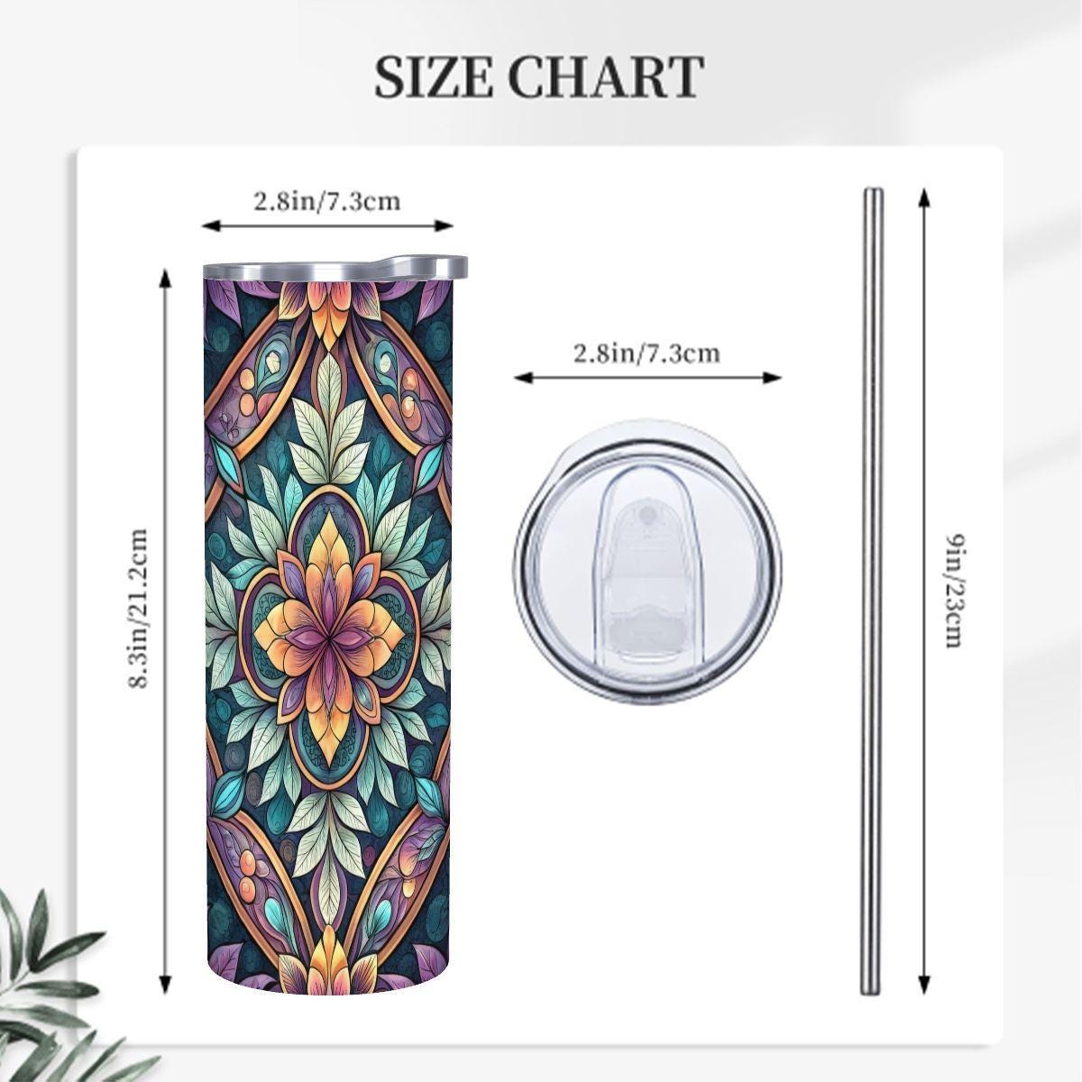 ColorFlow | Midnight Bloom Mandala 20oz Skinny Stainless Steel Tumbler with Straw | Elegant Floral Mosaic Art