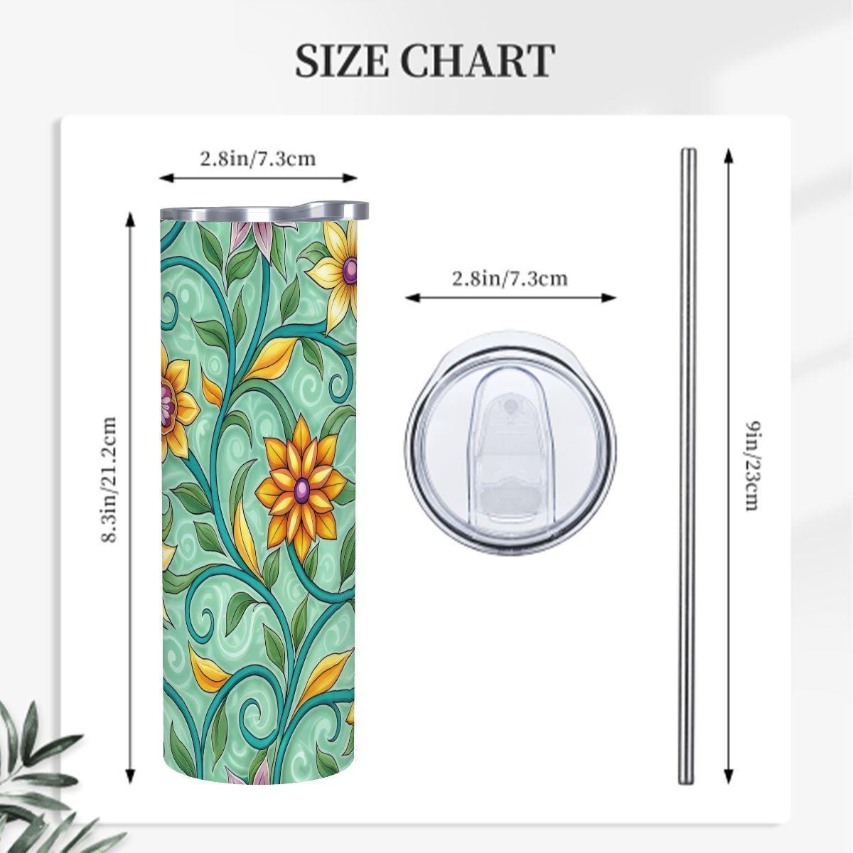 ColorFlow | Mint Vine Florals 20oz Skinny Stainless Steel Tumbler with Straw | Whimsical Spring Botanical Design