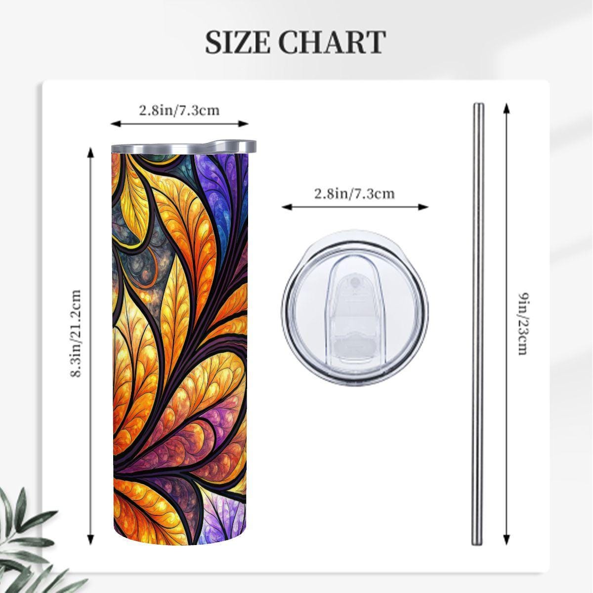 ColorFlow | Ember Glow Botanical Swirl 20oz Skinny Stainless Steel Tumbler with Straw | Vibrant Abstract Leaf Art