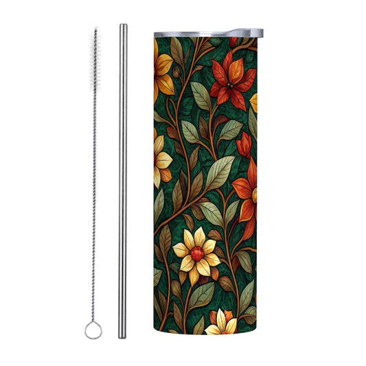 ColorFlow | Autumn Meadow Florals 20oz Skinny Stainless Steel Tumbler with Straw | Vintage Wildflower Pattern