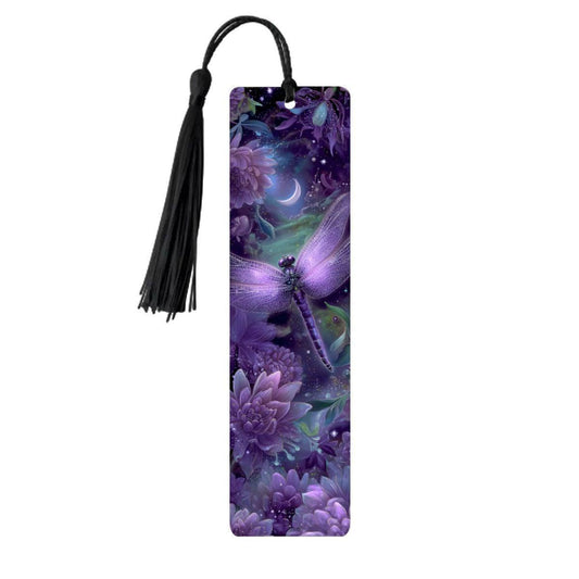 ColorFlow | Celestial Dragonfly | Double Sided Metal Bookmark Purple Fantasy Floral Art Moonlit Garden | Optional Personalization