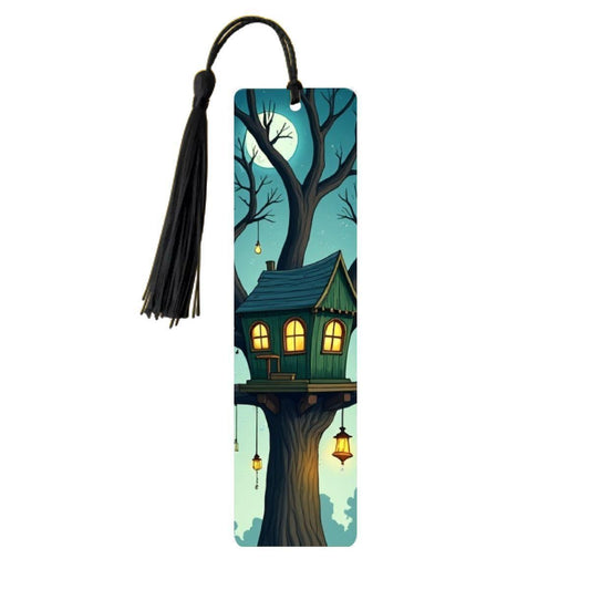 ColorFlow | Moonlit Treehouse Metal Bookmark Whimsical Lantern Art Teal Cottage Fantasy Double Sided Reading Gift | Optional Personalization