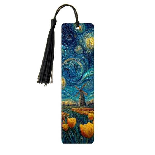 ColorFlow | Starry Sky Windmill Metal Bookmark Van Gogh Inspired Tulip Garden Art Double Sided Aluminum Reading Gift | Optional Personalizat