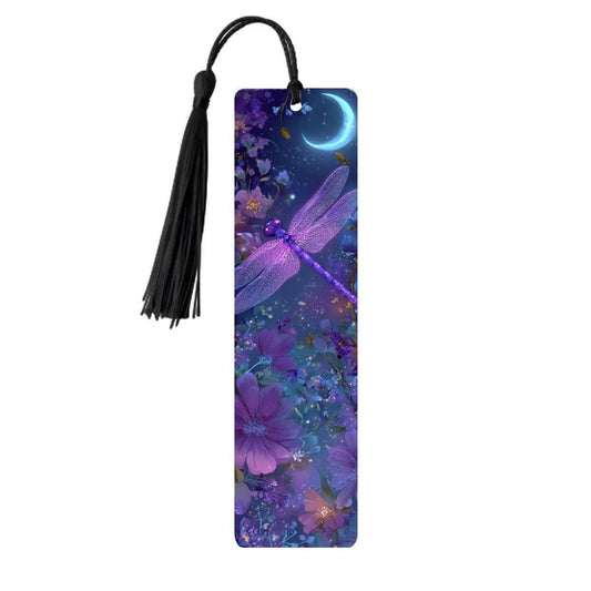 ColorFlow | Twilight Moon Dragonfly Double Sided Metal Bookmark Purple Celestial Floral Fantasy Night Garden Art | Optional Personalization