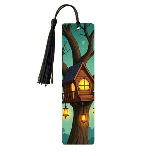 ColorFlow | Whimsical Lantern Treehouse Metal Bookmark Warm Woodland Night Fantasy Art Double Sided Reading Gift | Optional Personalization