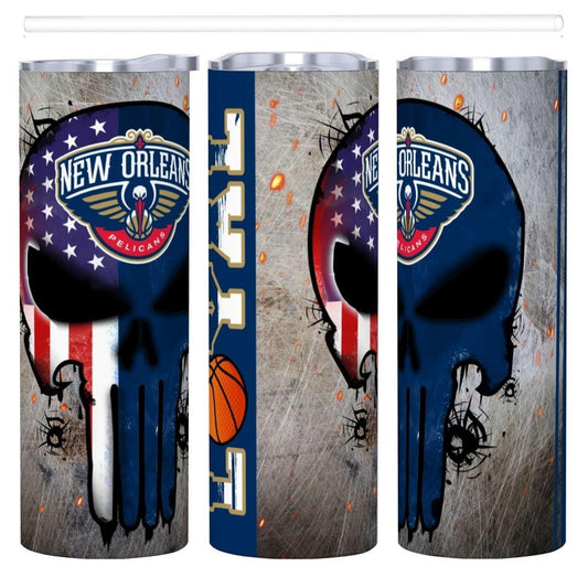 ColorFlow | New Orleans Basketball Inspired 20oz Straight Tumbler | Pelicans Skull American Flag Design | Personalization Optional