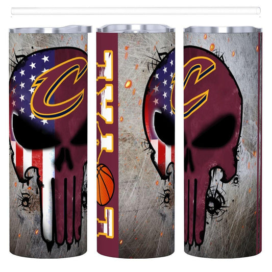 ColorFlow | Cleveland Basketball Inspired 20oz Straight Tumbler | Cavaliers Skull American Flag Design | Personalization Optional