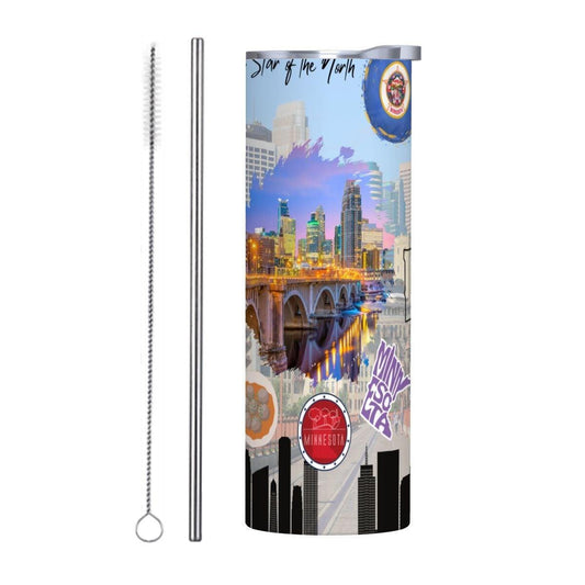 ColorFlow | Minnesota State Pride Tumbler | Star of the North City Skyline Art | 20oz Skinny Stainless Steel With Straw
