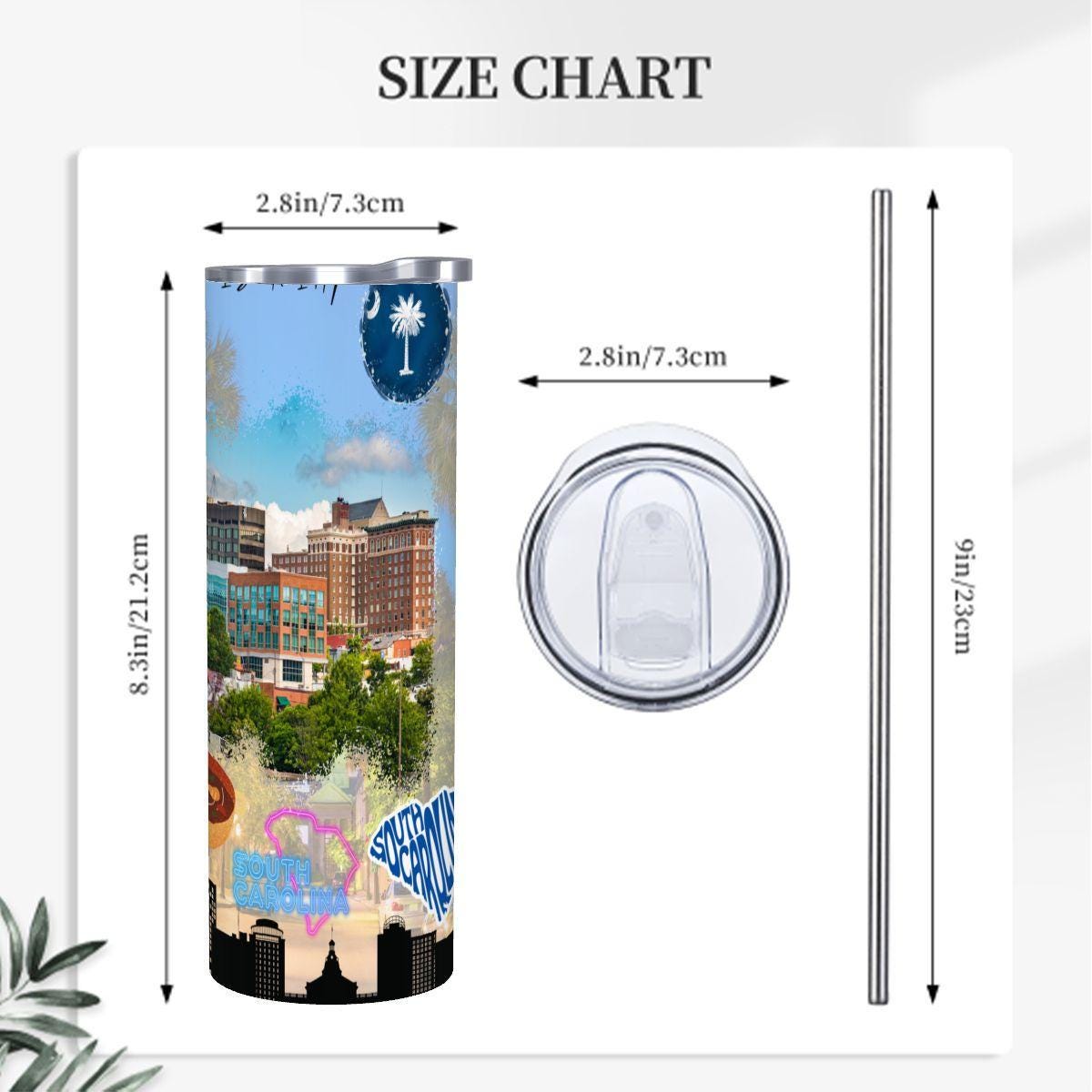 ColorFlow | South Carolina Skinny Tumbler | State Pride License Plate Collage | Landmark Travel Design | 20oz Stainless Steel Cup