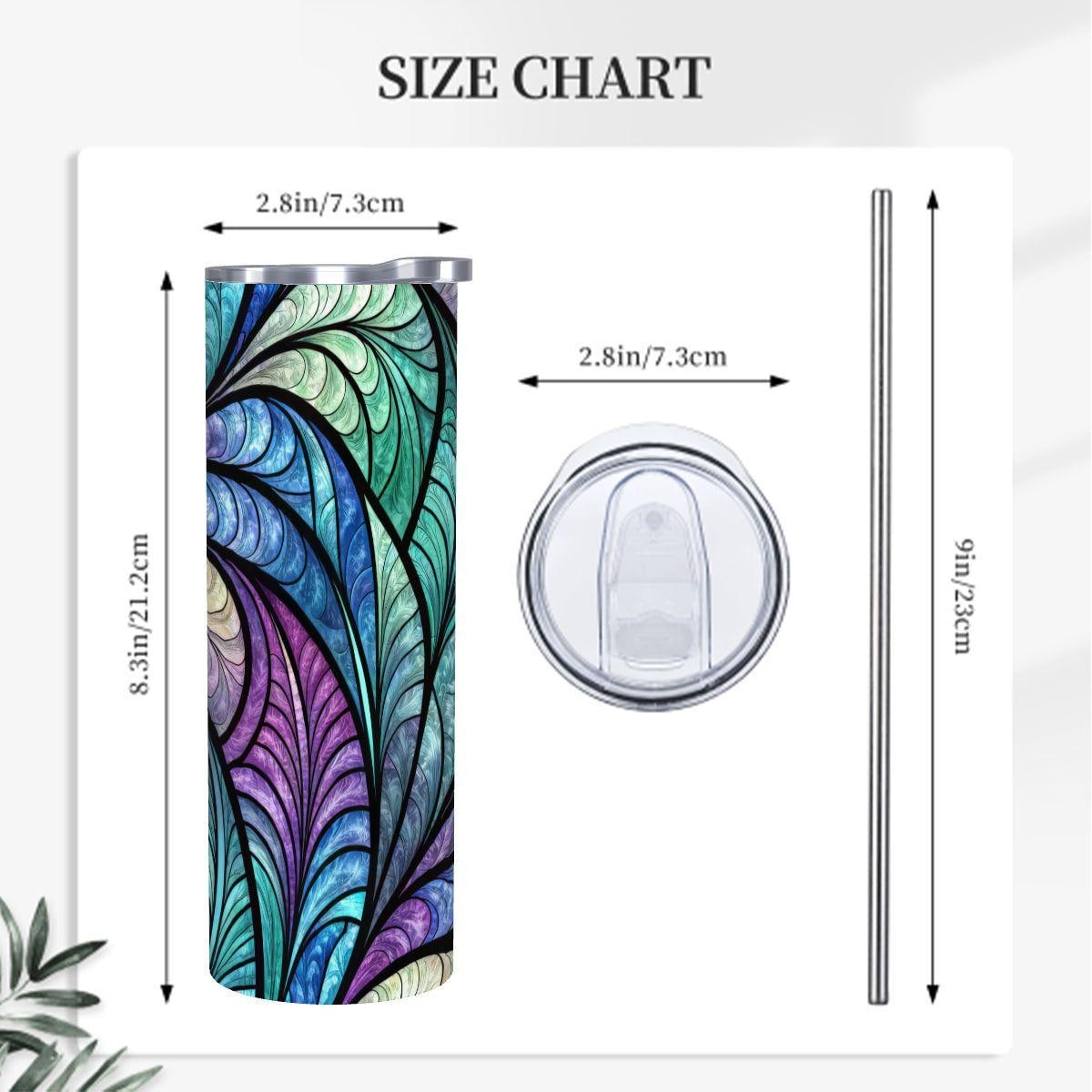 ColorFlow | Ocean Feather Glass 20oz Skinny Stainless Steel Tumbler with Straw | Blue Teal Abstract Leaf Art
