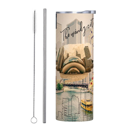 ColorFlow | Chicago Windy City Icons 20oz Skinny Stainless Steel Tumbler with Straw | Bean Skyline Illinois Travel Cup