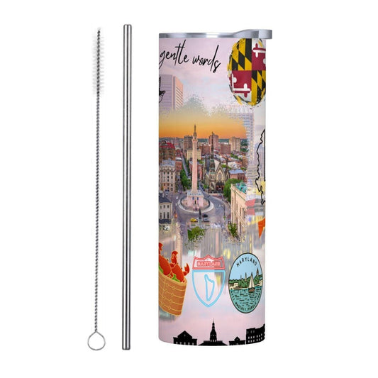 ColorFlow | Maryland State Heritage 20oz Skinny Stainless Steel Tumbler with Straw | Baltimore Skyline Coastal Cup