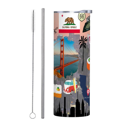 ColorFlow | California Dreamin 20oz Skinny Stainless Steel Tumbler with Straw | Golden Gate Hollywood Coast Vibes Cup