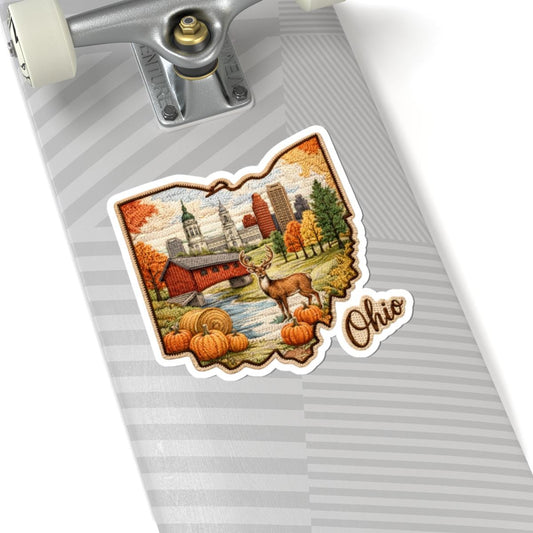 ColorFlow | Ohio Autumn Heritage Vinyl Sticker | Covered Bridge City Skyline Whitetail Deer and Fall Countryside Art