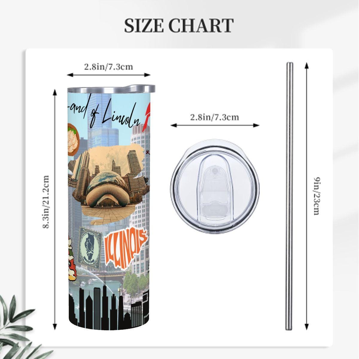 ColorFlow | Illinois Skinny Tumbler | State Pride License Plate Collage | Landmark Travel Design | 20oz Stainless Steel Cup
