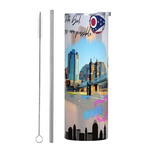 ColorFlow | Ohio Skinny Tumbler | Liberty And Possibility Skyline Bridge | Vintage License Plate State Art | 20oz