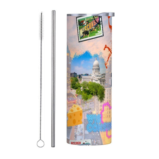 ColorFlow | Wisconsin Skinny Tumbler | Dairy State Capitol Skyline | Vintage License Plate City Art | 20oz Tumbler