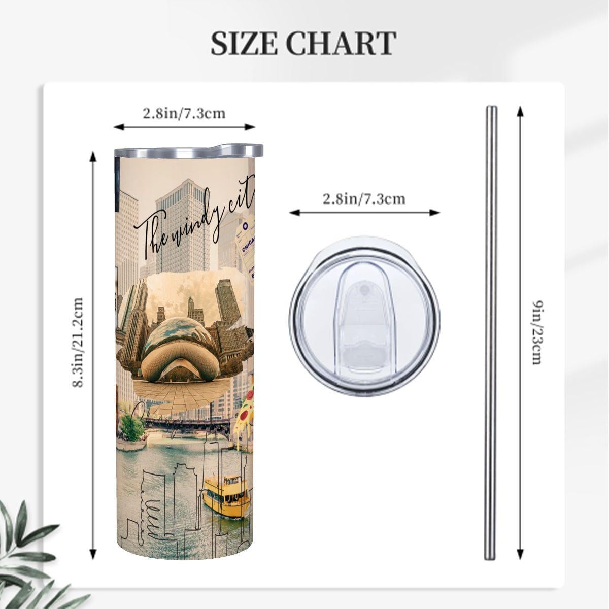 ColorFlow | Chicago Windy City Icons 20oz Skinny Stainless Steel Tumbler with Straw | Bean Skyline Illinois Travel Cup