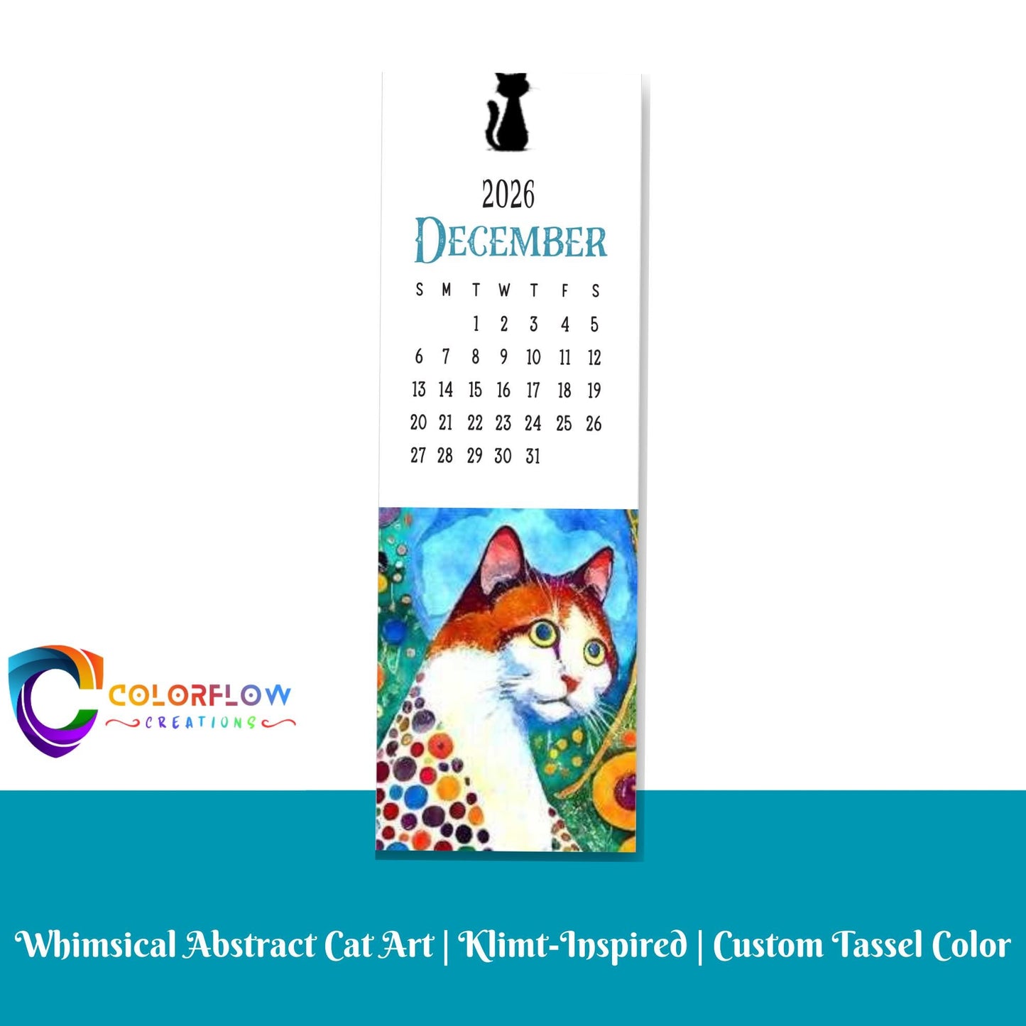 ColorFlow | 12 Month Cat Art Metal Bookmark Set Vibrant Illustrated Calendar Collection for Readers Gift Set | Optional Personalization