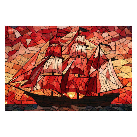 ColorFlow | Crimson Sails Stained Glass Style Wooden Jigsaw Puzzle Nautical Art Puzzle