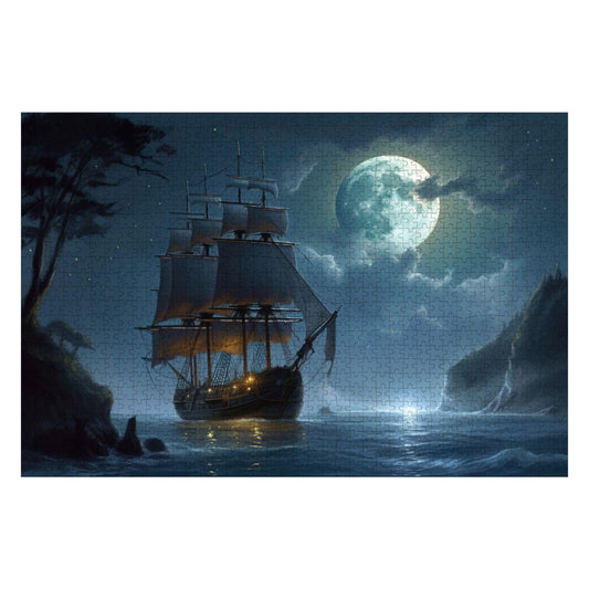 ColorFlow | Moonlit Passage Tall Ship Wooden Jigsaw Puzzle Dreamy Night Sea Art Puzzle