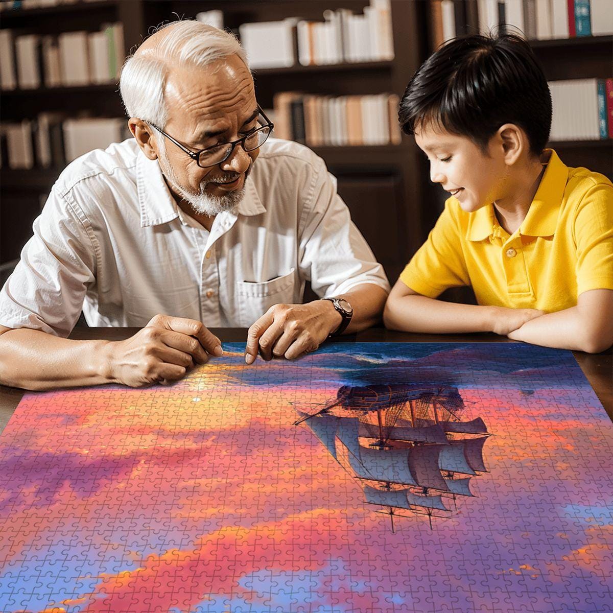 ColorFlow | Ember Sky Horizon Wooden Jigsaw Puzzle Sunset Sailing Art Inspired Puzzle