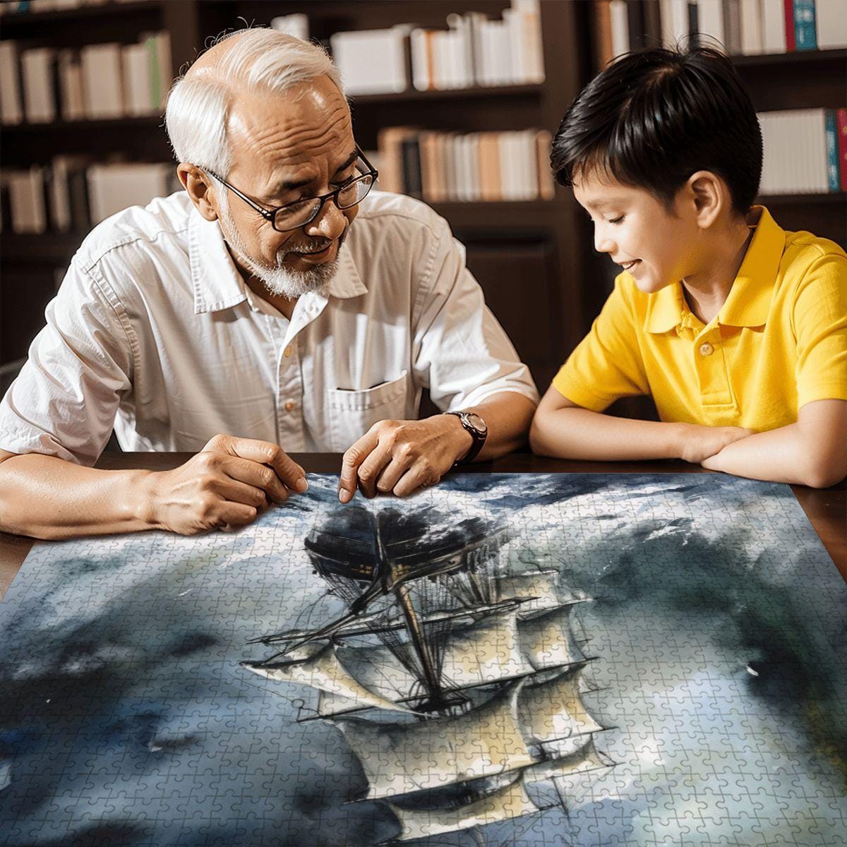 ColorFlow | Tempest Horizon Tall Ship Wooden Jigsaw Puzzle Stormy Sea Art Inspired Puzzle