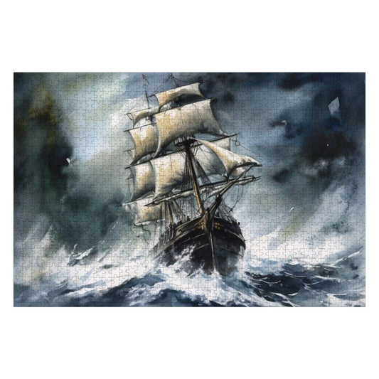 ColorFlow | Tempest Horizon Tall Ship Wooden Jigsaw Puzzle Stormy Sea Art Inspired Puzzle