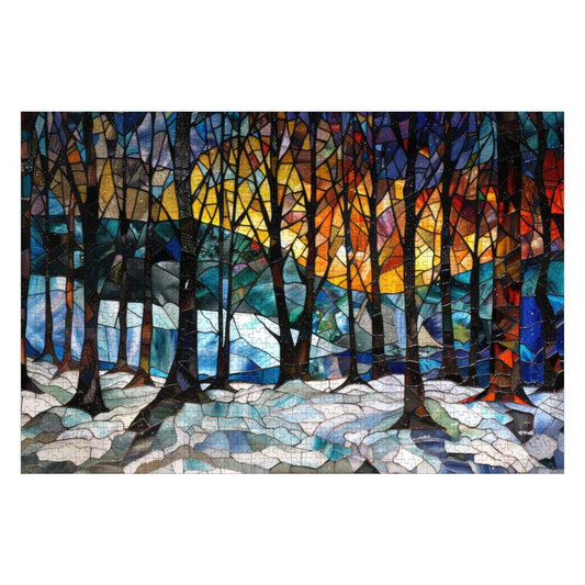 ColorFlow | Stained Glass Winter Grove Wooden Jigsaw Puzzle Luminous Forest Art Inspired Puzzle