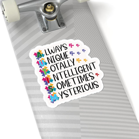 ColorFlow | Always Unique Totally Intelligent Sometimes Mysterious Vinyl Sticker | Colorful Puzzle Piece Autism Pride Design