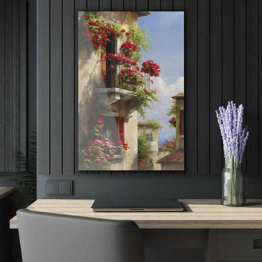 ColorFlow | Romantic Italian Balcony Metal Wall Art | Red Geranium Cottage Decor | European Coastal Home Accent
