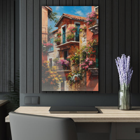 ColorFlow | Mediterranean Floral Balcony Metal Wall Art | Italian Village Inspired Decor | Colorful European Street Wall Accent