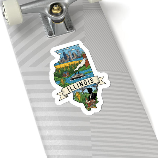 Illinois State Vinyl Sticker | Chicago Skyline, Cornfields, Riverboat Art (Waterproof)