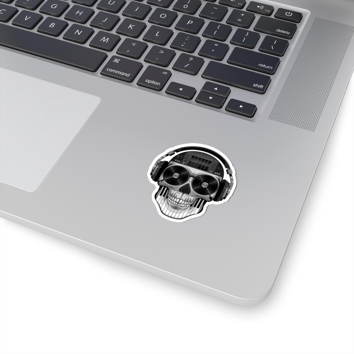 DJ Skull Sticker | Grayscale Vinyl Decal with Headphones, Records, Piano Keys