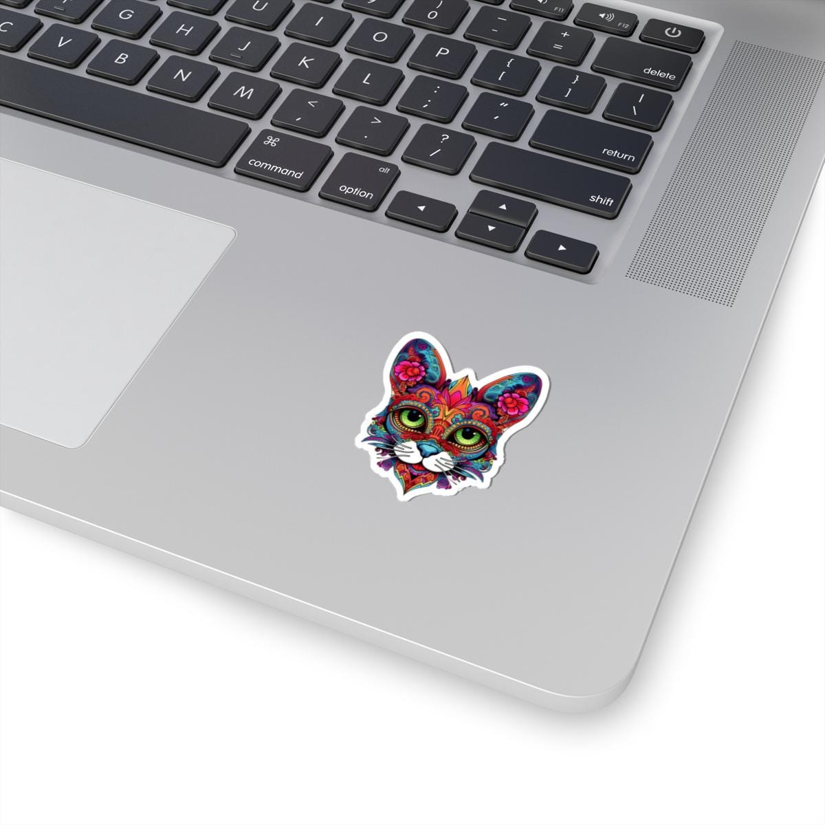 Psychedelic Floral Cat Sticker | Mandala Calavera Cat Decal, Green Eyes