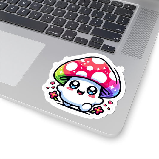 Rainbow Kawaii Mushroom Sticker | Sparkle Eyes, Flowers, Vinyl Decal