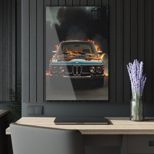ColorFlow | Classic BMW Fire Car Metal Wall Art | Vintage Car Artwork | Automotive Metal Art Print | Garage Decor | Muscle Car Print