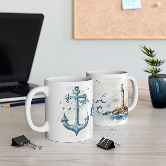 Ocean Vibes Watercolor Anchor Lighthouse Mug | Coastal Nautical Coffee Cup