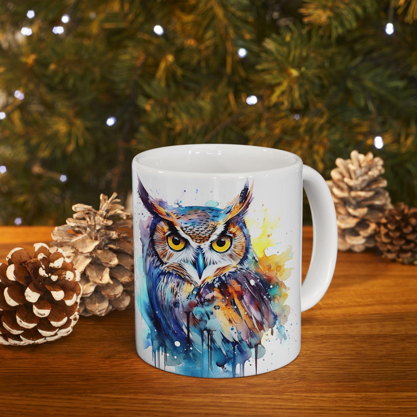 Watercolor Owl Mug | Vibrant Abstract Ceramic Coffee Cup (15 oz)