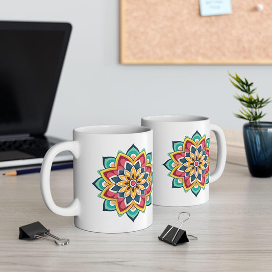 ColorFlow Mandala Ceramic Mug | 15oz Boho Coffee Cup, Vibrant Art (Dishwasher Safe)
